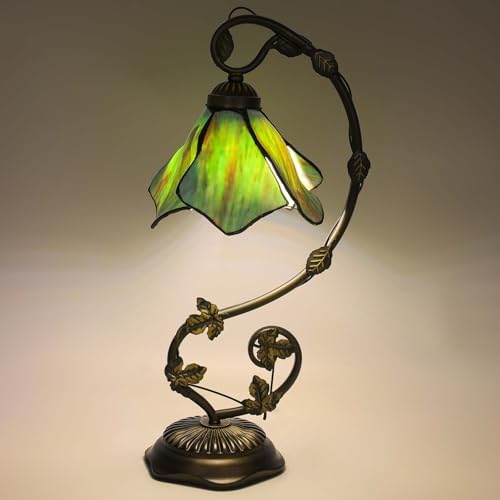 Stained Glass Table Lamp, Green Flower Style Metal Leaf Base Desk Reading Light, Adjustable 3 Color Temperature Decor for Bedroom Home Office
