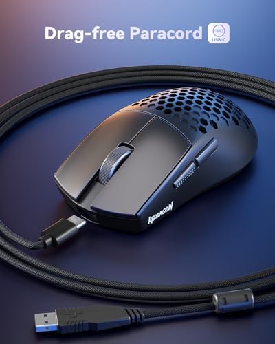 Redragon M617 Ultralight Honeycomb Shell Wired Gaming Mouse, 41g, 10,000 DPI, 6 Programmable Buttons, Drag-Free Paracord, Type-C Gamer Mouse with 2 Side Buttons for PC/Mac/Laptop, Black