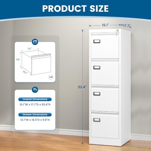 PEUKC 4-Drawer File Cabinet, 16.3" Deep Vertical Filing Cabinet with Lock, Metal File Cabinet for Home Office Furniture, Anti-Tip 4 Storage Drawers for Letter/Legal/F4 Size (Assemble Required, White)