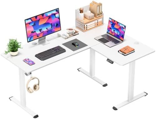 Furmax 63 x 48 Inch L Shaped Standing Desk with 2 Preset Heights, Electric Height Adjustable Computer Table, 2 Hooks & Feet Balance, Corner Sit Stand Desk for Home Office (White, 63 x 48 Inch)