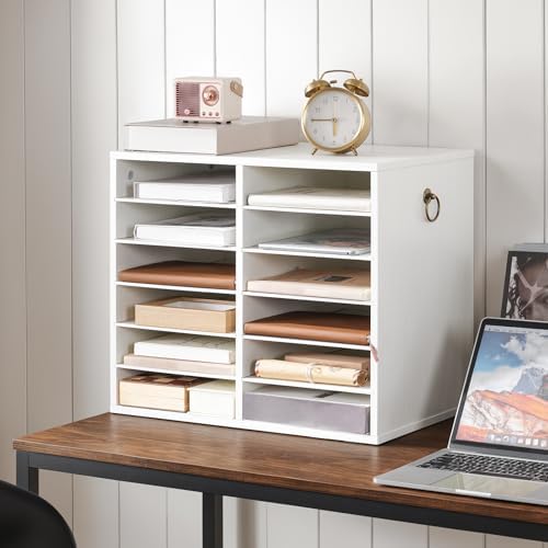 HOOBRO Literature Organizers, 12 Compartments Office Mailbox with Adjustable Shelves, Wood Countertop Literature Sorter for Office, Home, Classroom, Mailrooms Organization White WT12WF01
