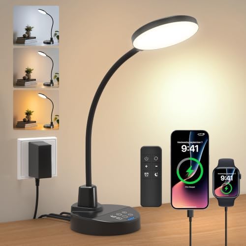 15W LED Desk Lamp with USB Charging Ports, [Button & Remote Control] Dimmable Table Lamp with 3 Color Modes, 5 Brightness Levels, 4 Timers, Flexible Reading Light for Home Office, Bedroom, Kids Study