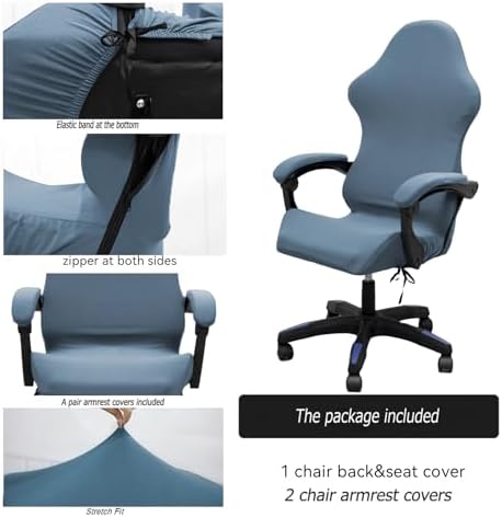 Gaming Chair Cover Set with Armrest Covers, Stretch Ruffled Slipcover for Racing Office Computer Reclining Chairs (Gray-Blue)