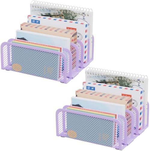 Mail Organizer Countertop 2 Pack, Metal File Holder with 5-Slot, Small Desk File Organizer for Letter, Bill, Mail Sorter, Desktop Letter Folder Holders for Office, Home, School (Purple)