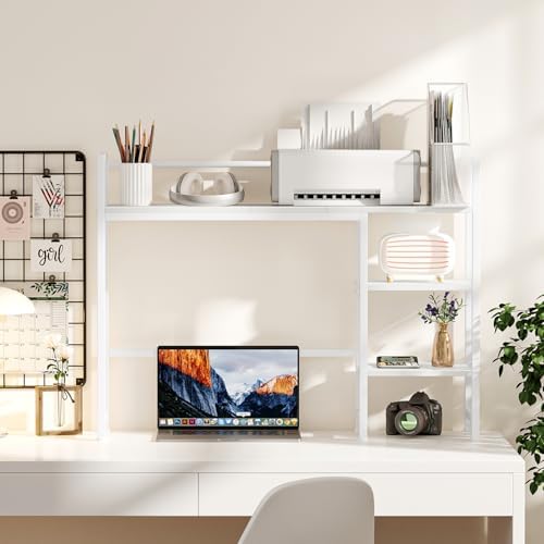 Snughome Desk Shelf, 38.6" Desktop Organizer Shelf, Desk Hutch for Computer Monitor, 4 Tier Desk Display Rack, Wood Desktop Bookshelf Storage Rack for Home Office Dorm, White