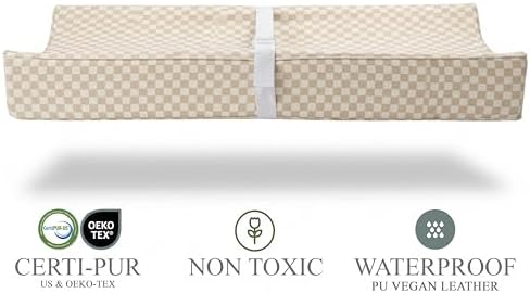 Vegan Leather Contoured Baby Changing Pad | Waterproof & Wipe-Clean PU Leather Diaper Change Mat, Soft, Wipeable Cover, Safety Strap, Non-Slip Bottom, Topper for Standard Infant Diaper Table & Dresser