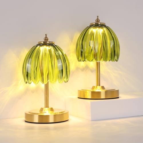Shenmoyl Set of 2 Tulip Table Lamp with 5200mAh Battery & Touch Control, Cordless Small Table Lamp with 3 Colors, Rechargeable Battery Operated Table Lamps for Nightstand, Bedroom (Green Tulip)