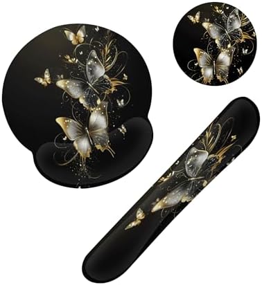 Golden Butterfly Keyboard Wrist Rest Pad Mouse Pad Set,Ergonomic Mousepad Wrist Support Memory Foam Desk Pad for Gaming Office,Non-Slip Rubber Base Easy Typing for Home Office Computers