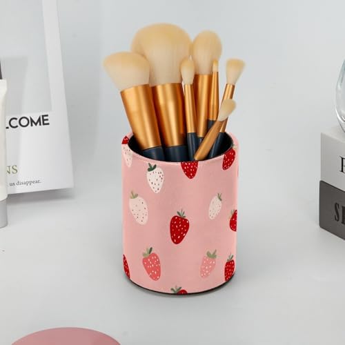 Leather Pen Holder for Desk, Cute Strawberries Print Pencil Cup Pen Organizer Makeup Brush Holder for Office Home Kids Countertop Desk Accessory Storage