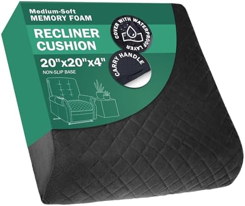 Medium-Soft 20x20x4 Memory Foam Recliner Chair Seat Cushion for Long Sitting - Armchair Pad with Washable Velvety Cover with Waterproof Layer & Non-Slip Base for Seniors & Elderly - Black