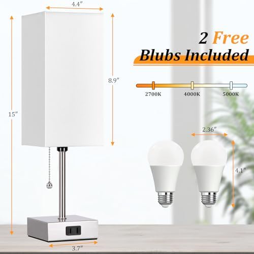 Dott Arts Touch Control Bedside Lamp, 3 Way Dimmable Nightstand Lamp with 2 USB Ports & AC Outlet, Modern Style, White Fabric Shade