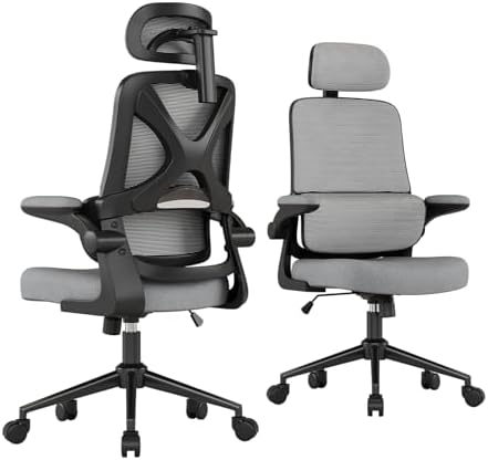 Ergonomic Office Chair - Desk Chair with Adjustable Headrest Lumbar Support Computer Chair - Mesh Comfy Chair with Flip-up Armrests - Gaming Chairs for Adults Home Office 330 LBS (Black+Gray)