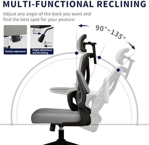 Ergonomic Office Chair - Desk Chair with Adjustable Headrest Lumbar Support Computer Chair - Mesh Comfy Chair with Flip-up Armrests - Gaming Chairs for Adults Home Office 330 LBS (Black+Gray)