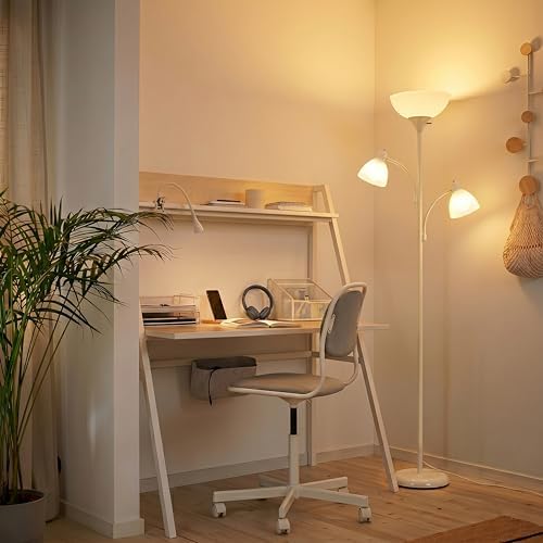 Brightech Sky Dome Double – High Brightness Torchiere Floor Lamp with 2 Reading Lights for Living Rooms, Bedrooms – Replace Halogen Standing Lamps with Efficient LED Office Lighting - Tall White Pole
