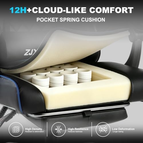 Gaming Chair with Pocket Spring Cushion, Ergonomic High Back Computer Chair with Footrest and Lumbar Support, Adjustable Height 360° Swivel Recliner, Blue