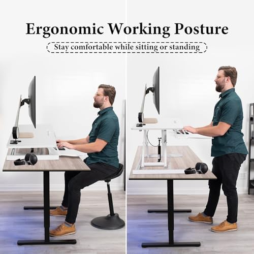 37 Inch Standing Desk Converter, Height Adjustable Desk Riser with Gas Spring Lift, Dual Monitor & Laptop Workstation, Sit Stand Desktop Converter with Wide Keyboard Tray for Home Office