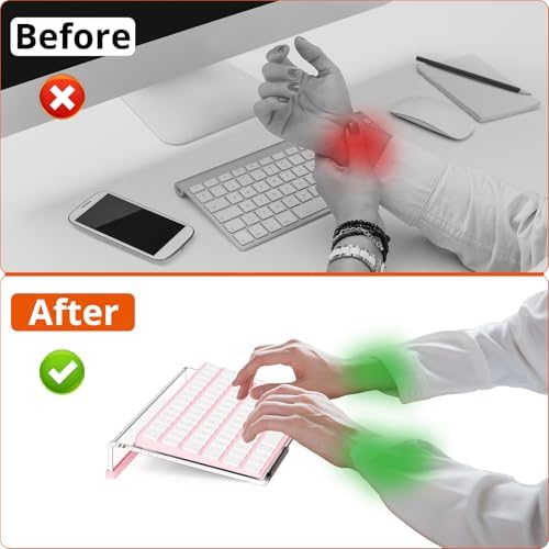 Richboom Computer Keyboard Stand for Desktop, 11.8" Tiny Clear Acrylic Keyboard Riser 78 Keys Compact Keyboard Lift for Desk Ergonomic Short Keyboard Holder Tray with Black and Pink Silicone Strip