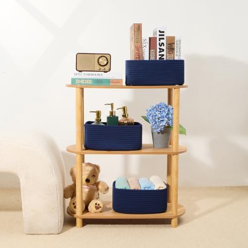 MiniArk Small Storage Baskets for Organizing | Closet Organizer Bins | Shelf Toy Basket | Woven Rope Baskets | Cube Decorative Box | Shallow Basket | 11.5x7.5x4.7” | 4 Packs Navy Blue