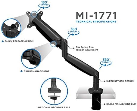 Mount-It! Single Monitor Arm Desk Mount with Gas Spring, Height Adjustable Monitor Stand for 13–32 Inch Screens up to 20 lbs, VESA 75x75 & 100x100, C-Clamp & Grommet, Sit-Stand Desk Compatible