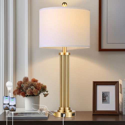28" Tall Modern Table Lamp with USB C+A Ports and AC Outlet, 3 Way Touch Metal Bedside Lamps for Bedroom, Gold Nightstand Lamps for Living Room