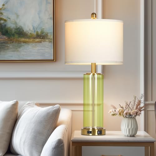 Ruzectt 26" Green Glass Table Lamps for Bedside, Modern Living Room Lamps Set of 2, Elegant Coastal Bedroom Lamp with USB A+C Ports & AC Outlet, 3-Way Dimmable Touch Lamp for Nightstand Dining Table