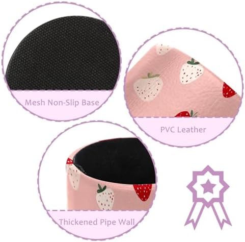 Leather Pen Holder for Desk, Cute Strawberries Print Pencil Cup Pen Organizer Makeup Brush Holder for Office Home Kids Countertop Desk Accessory Storage