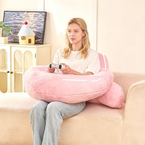 17" Reading Pillow for Bed,U Shaped Arm & Elbow Support,Pink Faux Fur