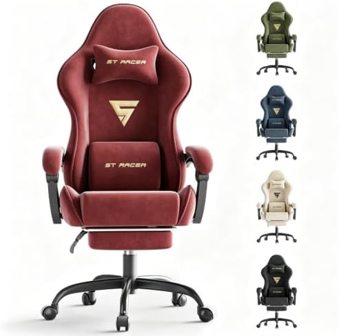 Soontrans Red Velvet Gaming Chair with Footrest, Ergonomic Reclining Computer Desk Chair, Massage Lumbar Cushion & Headrest, Comfortable Video Game Chair for Adults