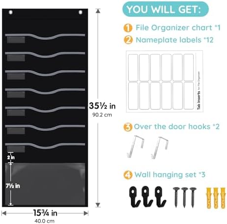 ALSLEA 8 Pockets Hanging Wall File Organizer 15" Extra Wide Pocket Chart for Classroom, Office, Home, Mail Organizer Wall Mounted with 1 Writable Clear Pocket, 5 Wall/ Door Hooks & 12 Labels (Black)