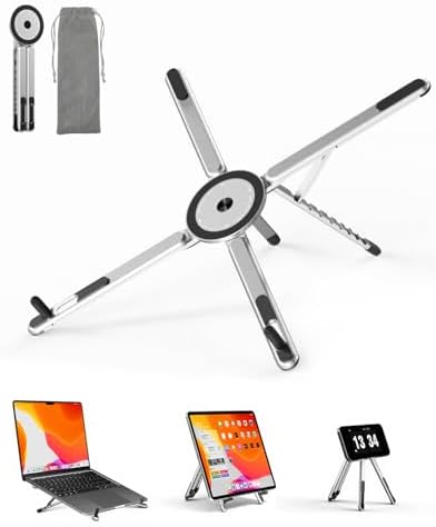 Viozon Portable Laptop Stand for Desk, Foldable Adjustable Computer Riser with Magnetic Phone Holder, Aluminum Laptop Stand for 10–16” Laptops & 4–13” Phones/Tablets (Silver)