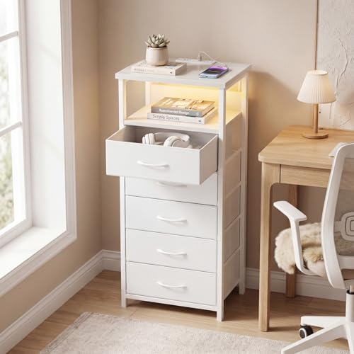 Fixwal Night Stand with Charging Station, White Led Nightstand, 5 Drawers