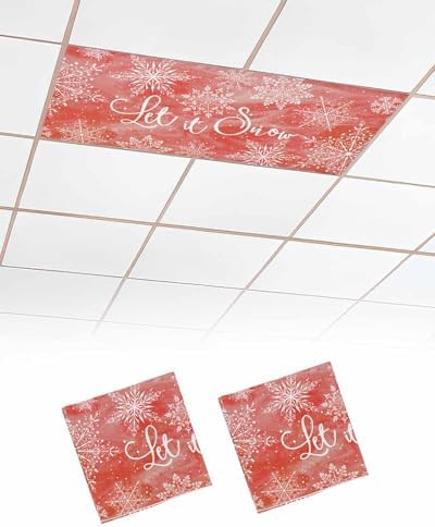 Red Snowflake Magnetic Fluorescent Light Covers for Ceiling Lights 2 x 4 Feet,Christmas Winter Festival Xmas Modern Office Classroom Kitchen Drop Ceiling Light Covers Lighting Shade Panel 2 Packs