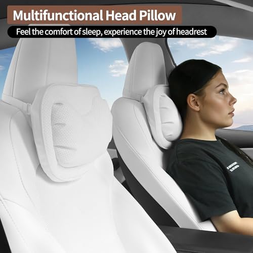 Car Neck Pillow [No More Pressure] Soft Comfortable Premium Leather Headrest with Adjustable Strap – Ergonomic Support for Driving, Office & Gaming, White, 1 Pack