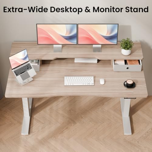 Realbear 55x26 Inch Electric Standing Desk with Drawers, Maple
