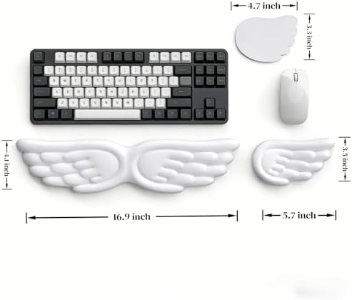 Angel Wing Wrist Rest Ergonomic Memory Foam Wrist Rest for Computer Keyboard Mouse Set with Cup Mat, Cute Gaming Keyboard Cushion Hand Support PU Leather Surface Anti-Slip Waterproof（White）