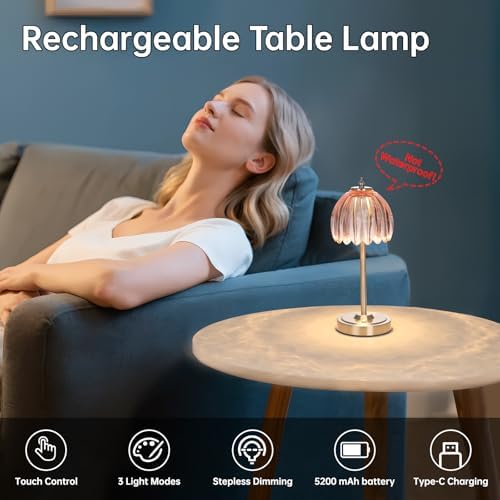 Shenmoyl Tulip Table Lamp with 5200mAh Battery & Touch Control, Cordless Small Table Lamp with 3 Colors, Dimmable Rechargeable Table Lamps for Living Room, Bedroom, Desk, Bedside (Clear Pink Tulip)