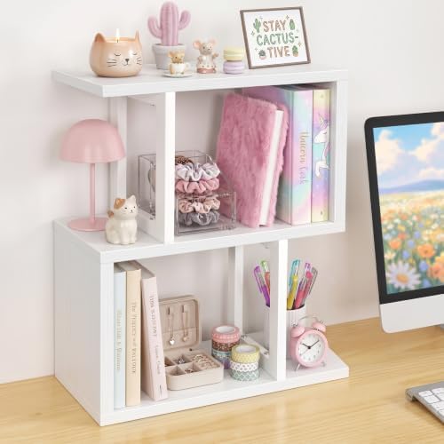 Small Desktop Bookshelf for Top of Desk Shelf - Mini White Table Bookcase 3-Tier Shelves Storage Book Organizer Hutch for Dorm Office College