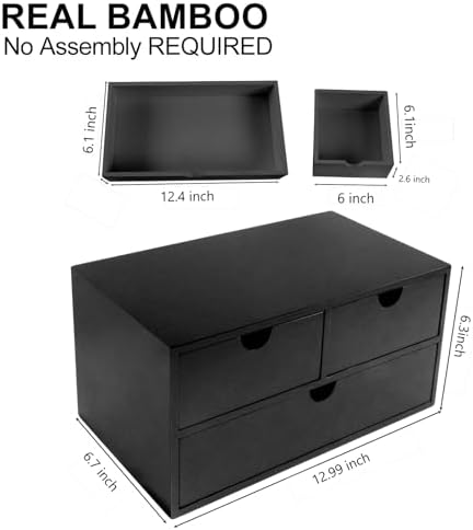 Charmewooden Bamboo Desk Organizer with 3 Drawers, Countertop Organizer with Drawers Makeup Storage Drawer 3 Drawer Tabletop Storage Organization Box Home Office Workspace（Black）