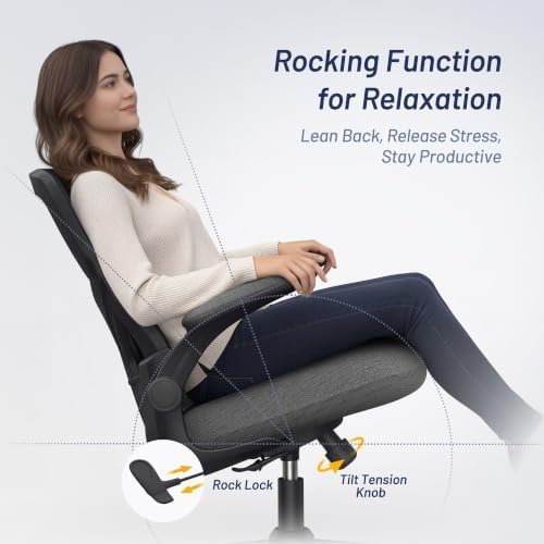 Office Desk Chair for Long Hours & Back Pain Relief – 4“ Thick Molded Foam Cushion, Enhanced Lumbar Support, Padded Flip-up Armrests, Ideal for Office or Study, Dark Gray