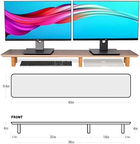 Aothia 43 inch Black Walnut Finish Dual Monitor Stand for Desk, Cork Legs