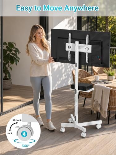 BONTEC Mobile TV Stand for 23-65 Inch TVs, Rolling TV Stand, White