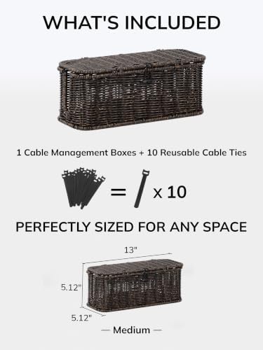 Cable Management Box, Cord Organizer with Lid & Cable Ties - Black, M