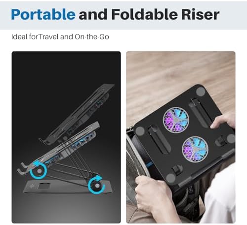 YICOSUN Adjustable Laptop Cooling Stand with 2 Quiet Fans & RGB Lighting, Aluminum Alloy & Foldable Ergonomic Design for MacBook, Lenovo, ASUS, Dell 10-16 Inch, Perfect for Gaming, DJ, Office - Black