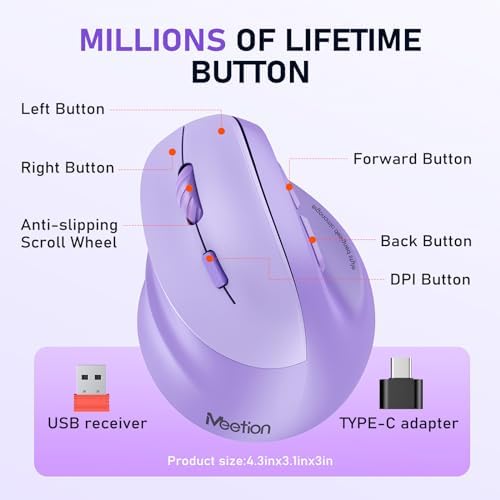 MEETION Left-Handed Ergonomic Mouse, Vertical RGB Wireless Design, Purple