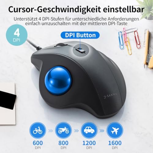 SANWA Wired Trackball Mouse, USB-C/A, Silent Clicks, Programmable, Blue