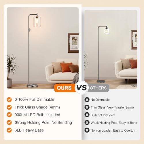 【Upgraded】 Dimmable Floor Lamp for Living Room with Glass Lampshade, Brushed Nickel Modern Glass Floor Lamp with 900LM LED Bulb Included, Standing Tall Lamp for Bedroom, Office, Reading Room, Corner