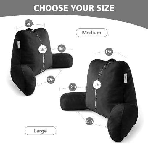 Reading Pillow for Bed Sitting Up, Adults and Teens Backrest with Arms, Velvet Back Support Pillow for Sitting on Sofa, Couch with Washable Cover- Standard, Black