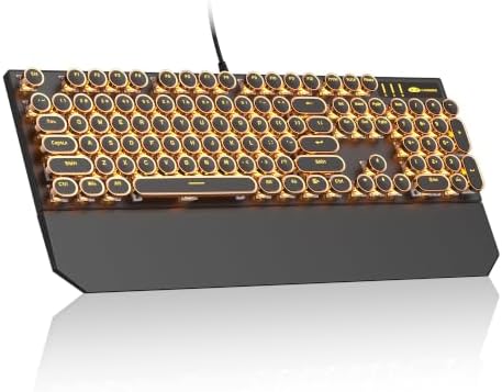 MageGee Typewriter Mechanical Gaming Keyboard, Retro Round Golden Electroplated Keycaps, LED Orange Backlit Wired Keyboards for Laptop PC Gamer, with Magnetic Wrist Rest, Metal Panel, Blue Switch