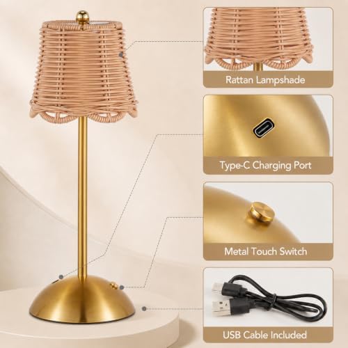 6 Pcs Cordless Table Lamp Rechargeable Touch Lamp Gold Woven