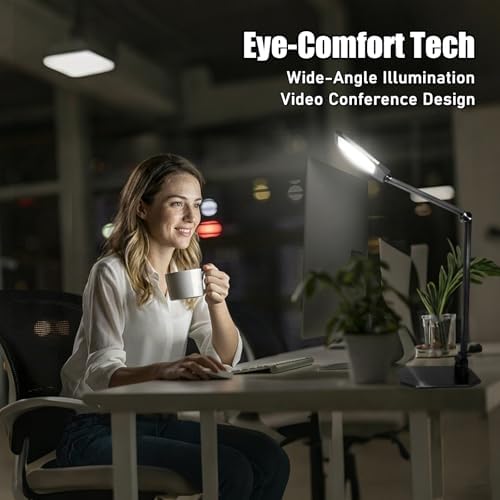 NS LED Desk Lamp for Home Office, Desk Lamp with Webcam Light for Video Calls, Dimmable 3000K-6500K Desk Light with Remote, Timer, Memory, Adjustable Swing Arm, CRI95+